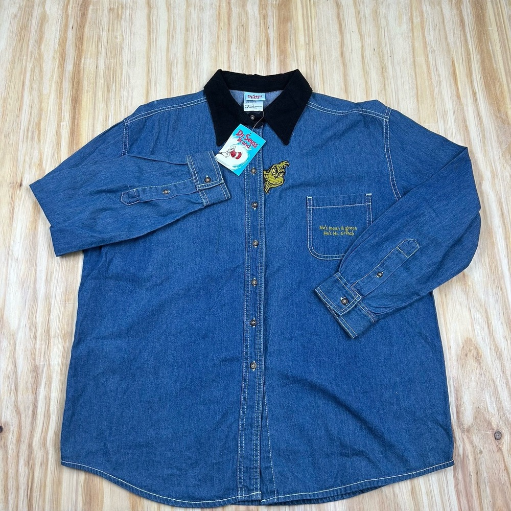 Vintage Dr. Seuss The Grinch Embroidered Denim Shirt Large Christmas Deadstock - Picture 3 of 11